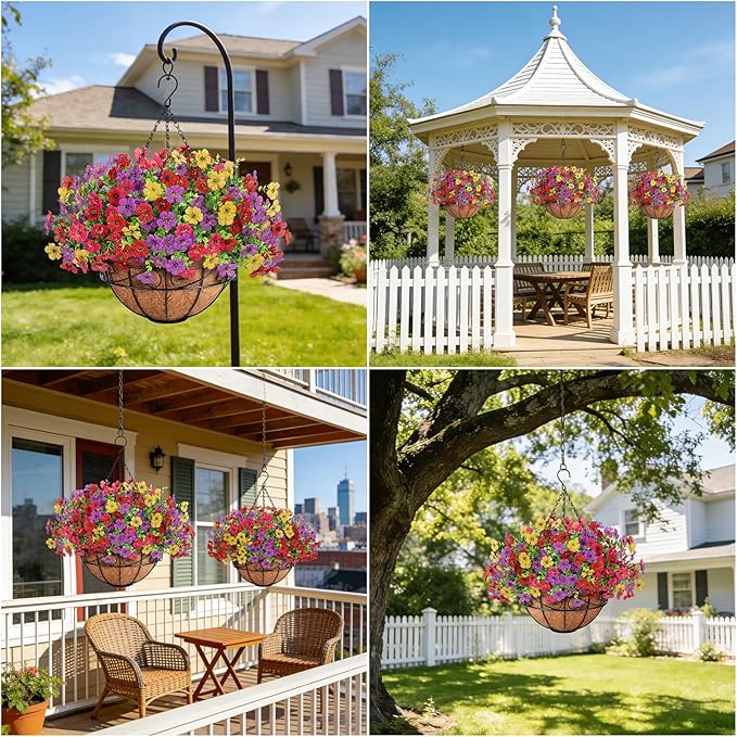 Artificial Fake Hanging Flowers Plants Basket Outdoors, Faux Silk UV Resistant Look Real Daisy Eucalyptus for Spring Summer Garden Porch Home Patio Balcony Yard Decorations, Multicolor