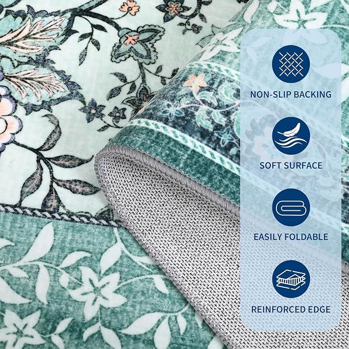 GarveeHome Teal Area Rugs 9x12 Living Room, Botanical Grove Cottage core Washable Non-Slip Rug for Bedroom Dining Nursery Low-Pile Vintage Large Soft Carpet