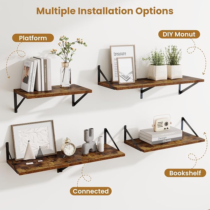 Acovy Deep Floating Shelves,24" Wx10 D Floating Shelf for Wall Set of 2,Hanging Storage Shelf with Metal Brackets,Wide Display Wall Shelves for Living Room,Bedroom,Bathroom,Kitchen,Rustic Brown