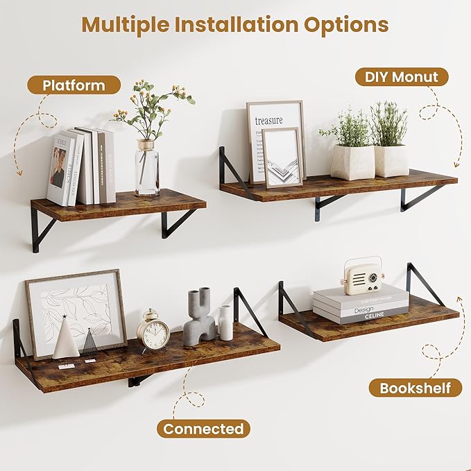 Acovy Deep Floating Shelves for Wall,30" Wx10 D Wood Floating Shelf Set of 2,Sturdy Metal Bracket Wide Display & Storage,Wall Mounted Hanging Floating Shelves for Living Room,Bedroom,Rustic Brown