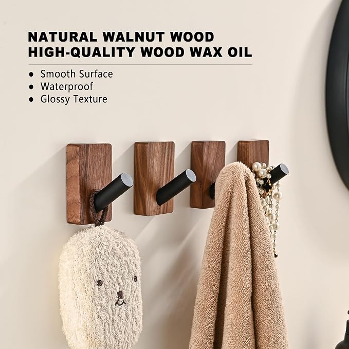 8 Pack Wooden Wall Hooks for Hanging, Adhesive Mounted & Wall Mounted Boho Decorative Walnut Wood Coat Hooks for Towel Clothes Blanket Hat Backpack Robe Nursery Door Board Entryway Key Holder
