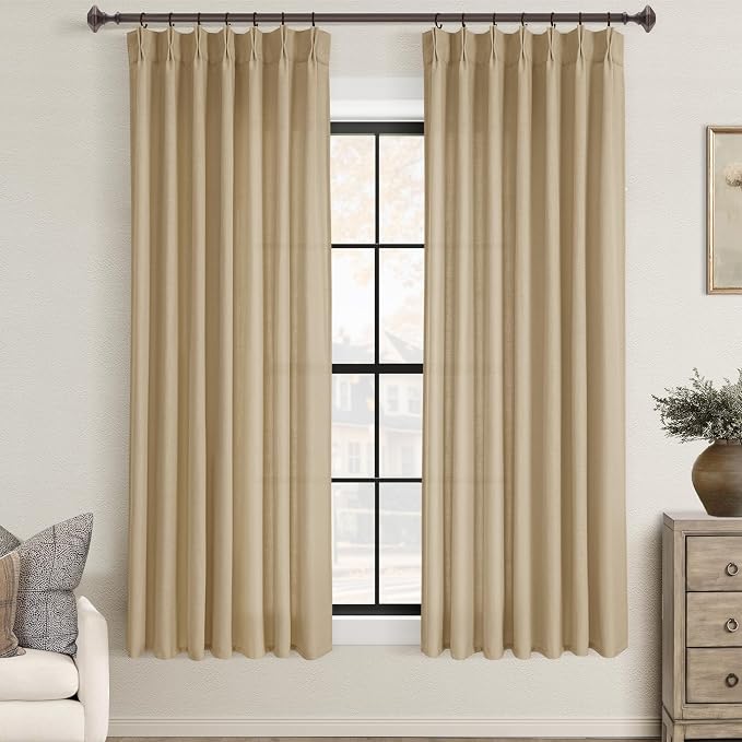 Kahki Pinch Pleated Linen Curtains 63 Inch Length 2 Panels for Living Room Bedroom Textured Semi Sheer Drapes Pinch Pleat Rings Window Curtain 40x63