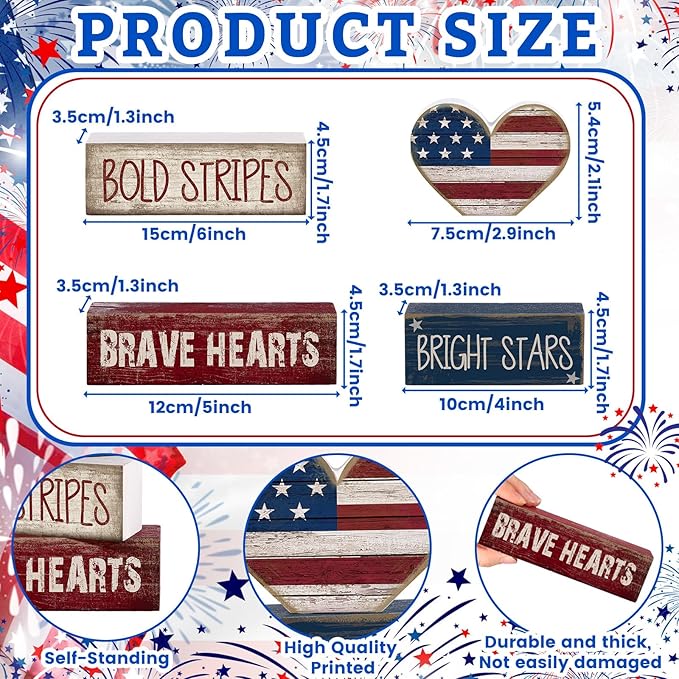 CroBlissful 4 Pcs 4th of July Decorations Patriotic Memorial Day Tabletop Decorations Red White Blue Table Centerpieces Sign for Office Tiered Tray Home Shelf 250th Anniversary(Brave Heart)