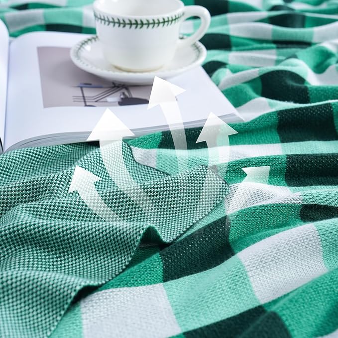 BOV Knit Checkered Throw Blanket - 100% Viscose Silky Super Soft Breathable Lightweight Summer Blanket for Chair Couch Sofa, Perfect Self Care Gifts for Women, Fern Green 50"x60"
