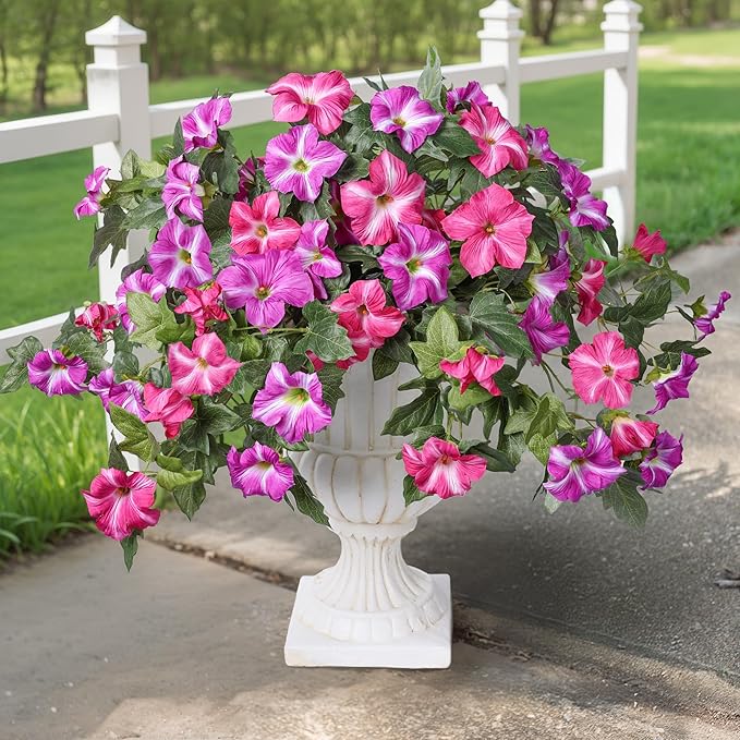 HyeFlora Artificial Flowers for Outdoors 2PCS Faux Petunias Silk Fake Flowers for Outside Planter UV Resistant Realistic Home Garden Porch Decor (Fuchsia)