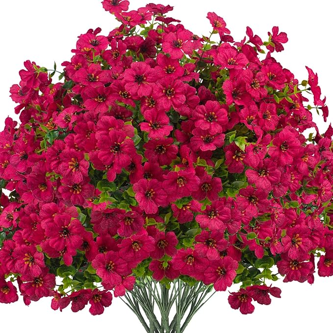 Grunyia Artificial Fake Flowers for Outdoor Spring Decoration, 16 Bundles Faux Silk Colorful Daisy UV Resistant Realistic for Outside Porch Patio Home Yard Garden Planters Pots Window Box (Rose Red)