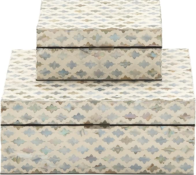 Deco 79 Mother of Pearl Shell Geometric Handmade Decorative Box Storage Decorative Keepsake Boxes with Hinged Lid, Set of 2 Storage Boxes 12", 8"W, Cream
