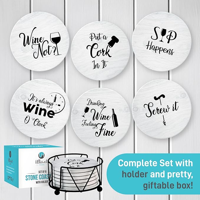 Coasters for Drinks Absorbents with Holder - 6 Pcs Gift Set with 6 Funny Sayings for Wine Lovers - Ceramic Stone with Corked Back, Unique Present for Housewarming, Living Room Decor