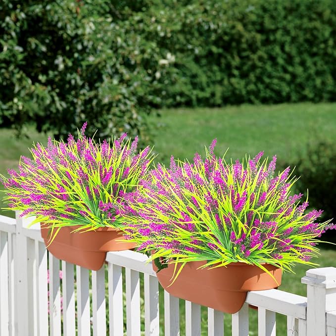 Grunyia 20 Bundles Artificial Plants Outdoor Fake Monkey Grass with Flowers (Fuchsia)