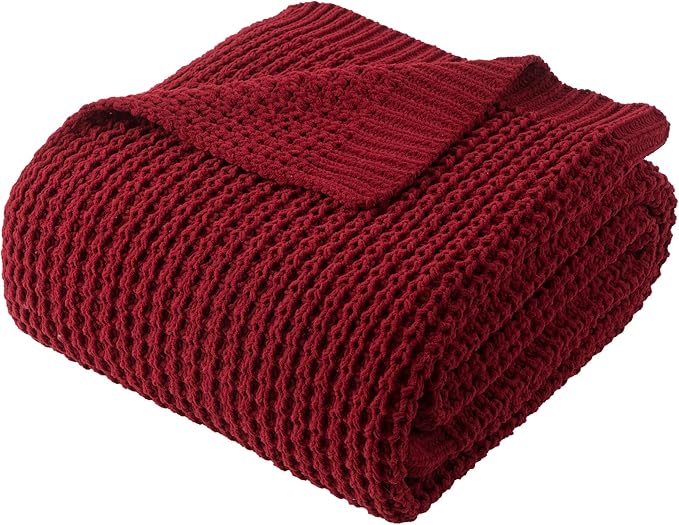 Bunnikins & Clover Christmas Throw Blanket for Couch, Knitted Waffle Throw Blanket, Red Blanket Throw for Women Mothers Birthday Gifts, 50"x60"