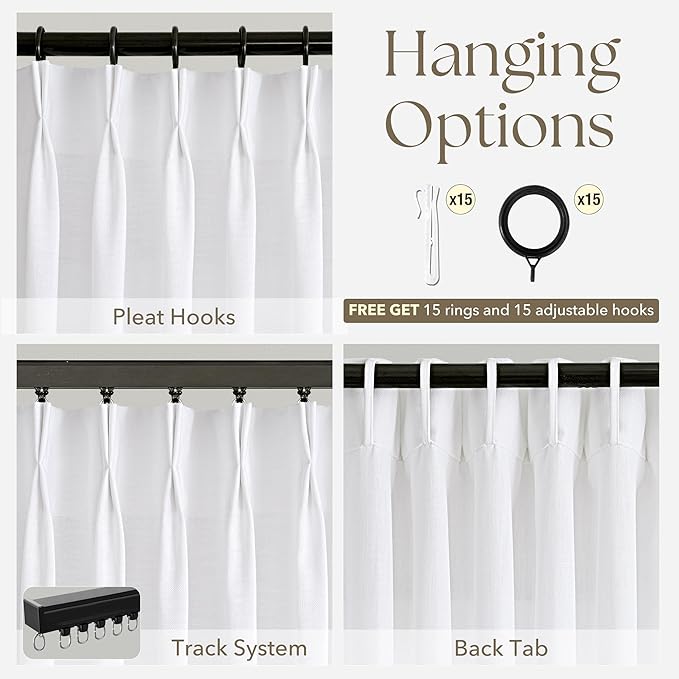 Pinch Pleated White Curtains 120 inch Length for Living Room 2 Panels Light Filtering Semi Sheer White Linen Drapes Modern Elegant Coastal Decor Aesthetic Memory Shape Window Curtain 120 inches Long