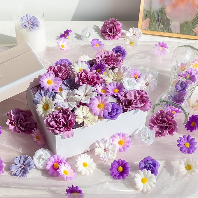 ATTGREAT 310 Pcs Fake Flower Heads Mini Artificial Flower Bulk Silk Flowers for Decoration Small Faux Flower Heads Fabric Daisy Buds Floral for Crafts DIY Wedding Party Baby Shower Home Decor, Purple