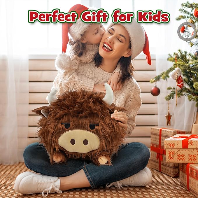 Highland Cow Stuffed Animal, Highland Cow Mommy Plush Set with 4 Baby Calves, Soft Stuffed Toy Pillow, Cute Birthday for Kids Boys Girls