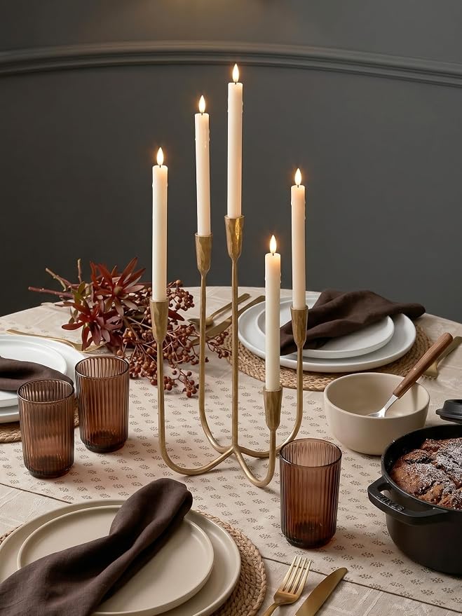 Denique 5-Arm Cast Iron Candelabra with LED Flameless Taper Candles and Remote, Tall Metal Vintage Candle Holder Centerpiece for Dining Table, Wedding and Event Decor, Gold