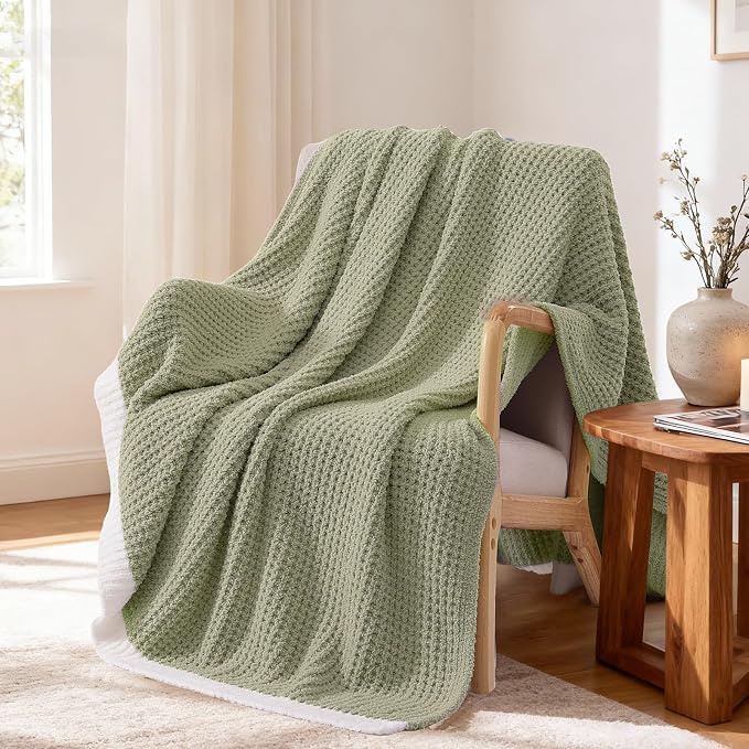 WRENSONGE Soft Throw Blanket for Couch-Cozy Reversible Knitted Blankets | Lightweight Warm Fluffy Decor for Women, Mom, Her & Girls, Sofa, Chair, Bed, 50x60in, Pineapple Stitch,Sage Green