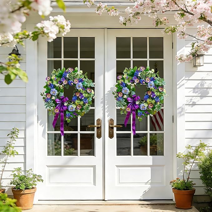 Spring Summer Wreaths for Front Door 24 Inch, Outdoor Summer Wreath with Pansy, Hydrangea & Floral Accents, Spring Wreath for Front Door Outside, Summer Wreaths Front Door for Home Decor