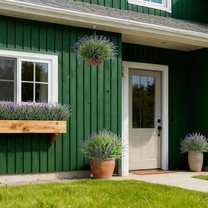 Ammyoo 24 Pcs Artificial Faux Plants for Outdoor Spring Decoration, Fake Monkey Grass for Garden Porch Balcony Planters, Fake Greenery Shrubs UV Resistant No Fade Plants Bush for Pathway(Purple)