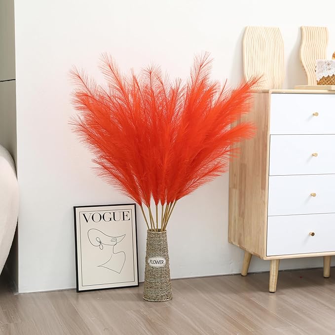 Wertuirk Orange Pampas Grass Decor- 45-Inch Set of 8 | Tall Faux Pampas Grass Soft and Fluffy | Large Artificial Pompas Floral | Perfect for Living Room, Office and Wedding Party Centerpieces