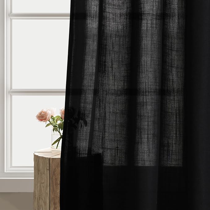 Extra Long Black Curtains 120 In Length 2 Panels for Living Room Grommet Neutral Farmhouse Linen Drapes Light Filter Semi Sheer Curtain 120 Inches Floor Ceiling Patio Sliding Door Halloween Decor
