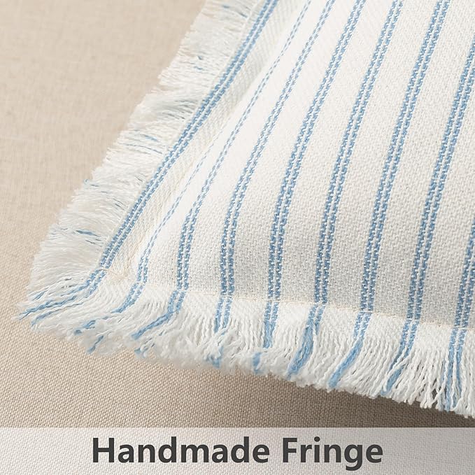 ZWJD Throw Pillow Covers 24x24 Set of 2 Striped Pillow Covers with Fringe Chic Cotton Decorative Pillows Square Cushion Covers for Sofa Couch Bed Living Room Farmhouse Decor (Light Blue)