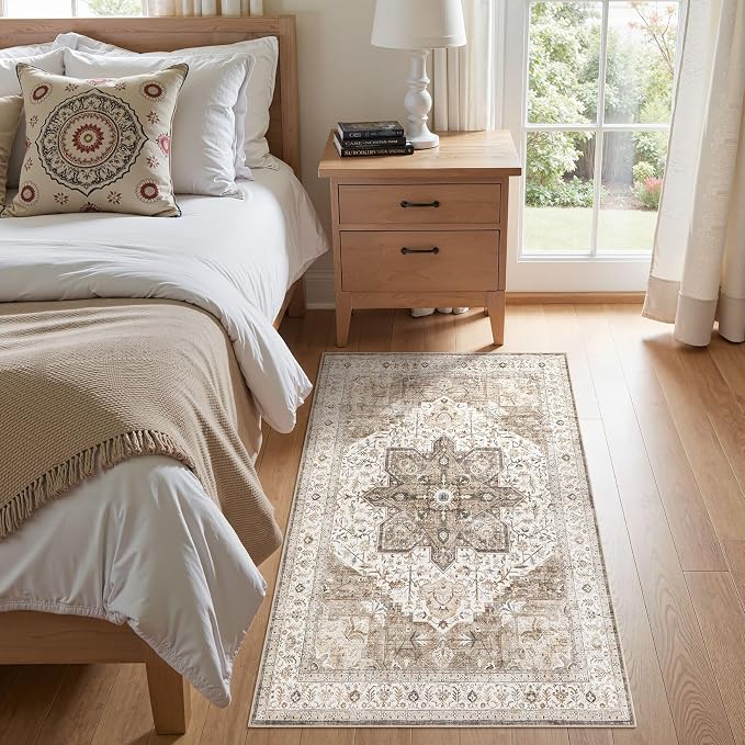 Tortania Area Rug Living Room Rugs - 3x5 Washable Rug Vintage Oriental Distressed Farmhouse Small Thin Indoor Carpet for Living Room Bedroom Under Dining Table Home Office - Brown