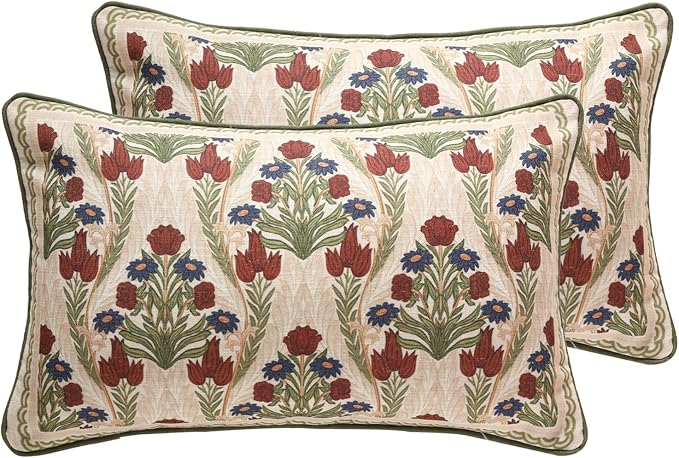 ISAENNE Elegant French Linen Throw Pillow Cover,Set of 2,20"x12"-Estonia A | Designer Vintage Rectangle Pillow Cover,Concealed Zipper Design,Floral Pattern,Sofas,Bedroom,Living Room,Lounge Chairs