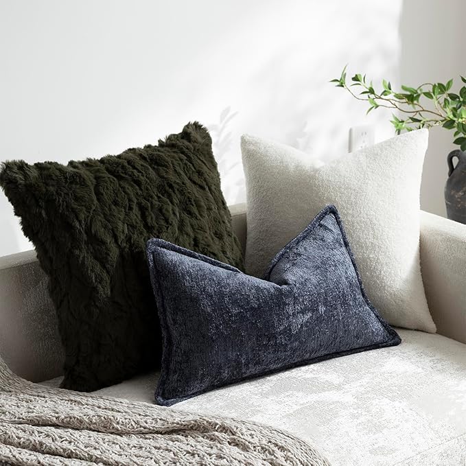 DEZENE Pack of 2 Navy Decorative Throw Pillow Covers 12x20 Cozy Soft Chenille Accent Vintage Rectangular Lumbar Couch Pillow Covers for Home Decor Bed Sofa Living Room