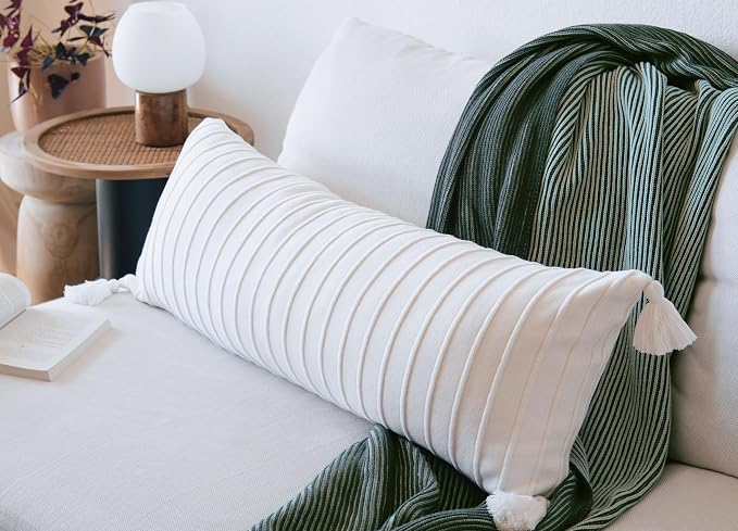 14x36 Cotton Knit Lumbar Pillow Cover – Ribbed Texture with Tassels, Decorative Accent for Bed or Sofa (Soft White)