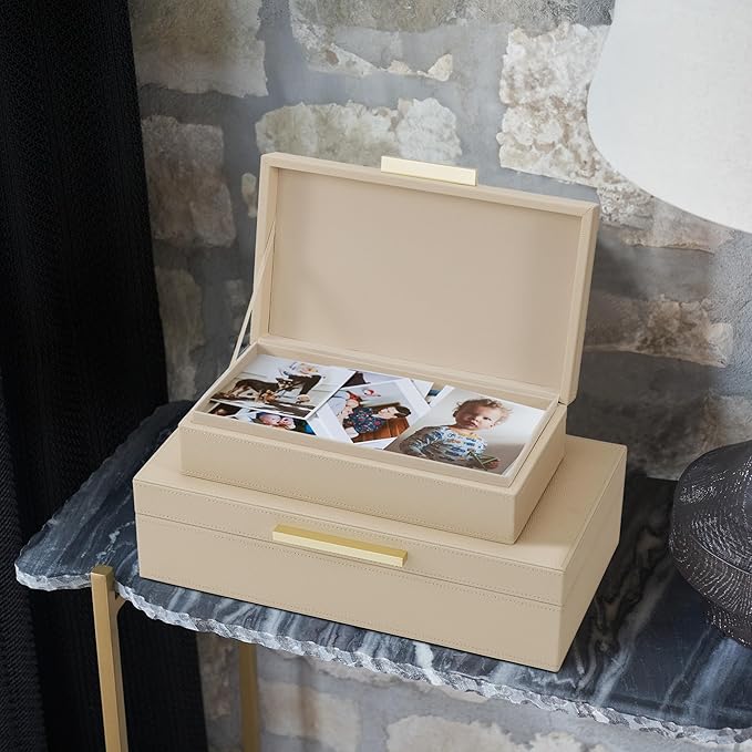 ZICOTO Decorative Storage Boxes with Lids – Set of 2 Beautiful PU Leather Organizer Bins for Your Bookshelf Home Decor - Safely Store Photos, Documents and Memory Box Keepsakes in Style