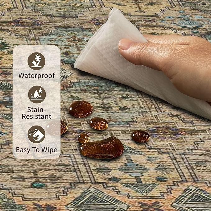 Rugxara 8x10 Area Rugs for Living Room Bedroom, Large Washable Rug, Brown Vintage Retro Boho Rug, Non Slip & Low Pile Faux Wool Thin Carpet for Indoor Dining Room and Kids Room(Brown 8x10ft)