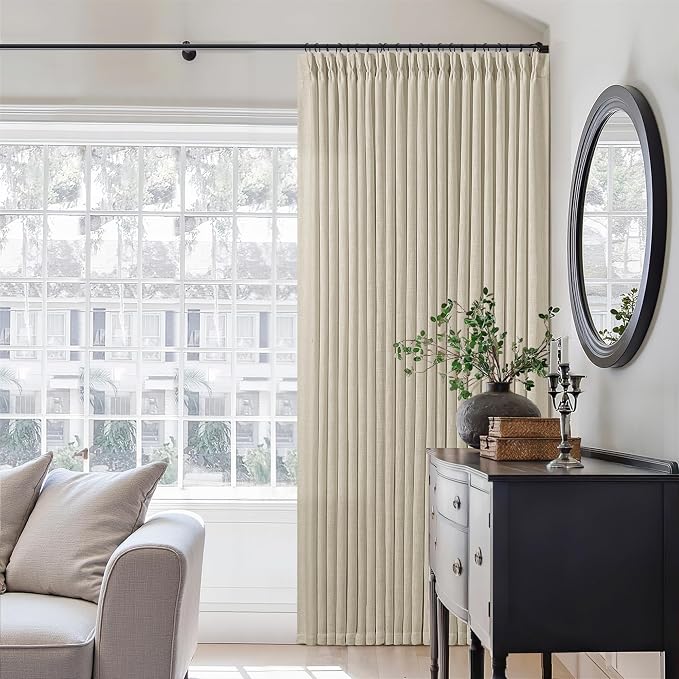 TWODRAPES Extra Wide Pinch Pleat 100 x 84 Inch Linen Curtains for Living Room Beige Light Filtering Semi Sheer Pleated Curtains for Patio Glass Sliding Door Dining Bedroom Large Window 100x84 1 Panel