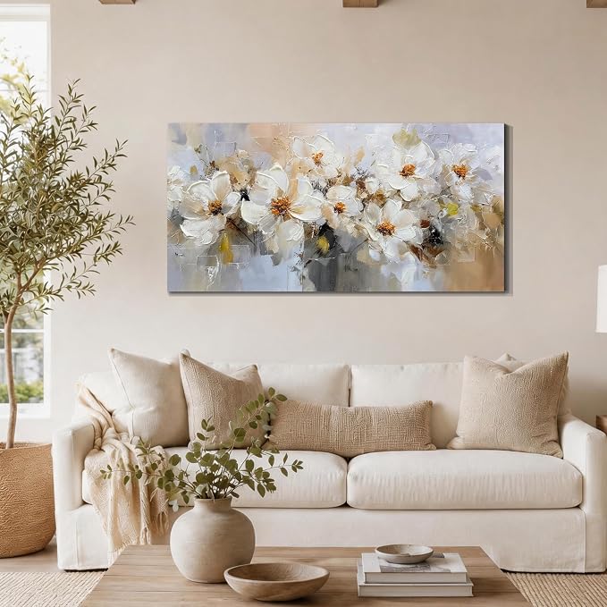 Acocifi Canvas Painting Vintage White Floral Wall Art 40"x20" | textured Flowers picture artwork for wall, beige grey abstract botanical, living room bedroom hallway office home decoration