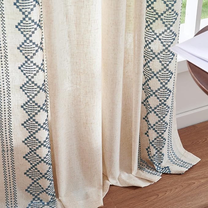 jinchan Boho Curtains Linen Blend Beige Farmhouse Curtains 63 Inches Long for Living Room Blue Square Embroidered Bordered Back Tab Bedroom Window Light Filtering Bohemian Drapes 2 Panels