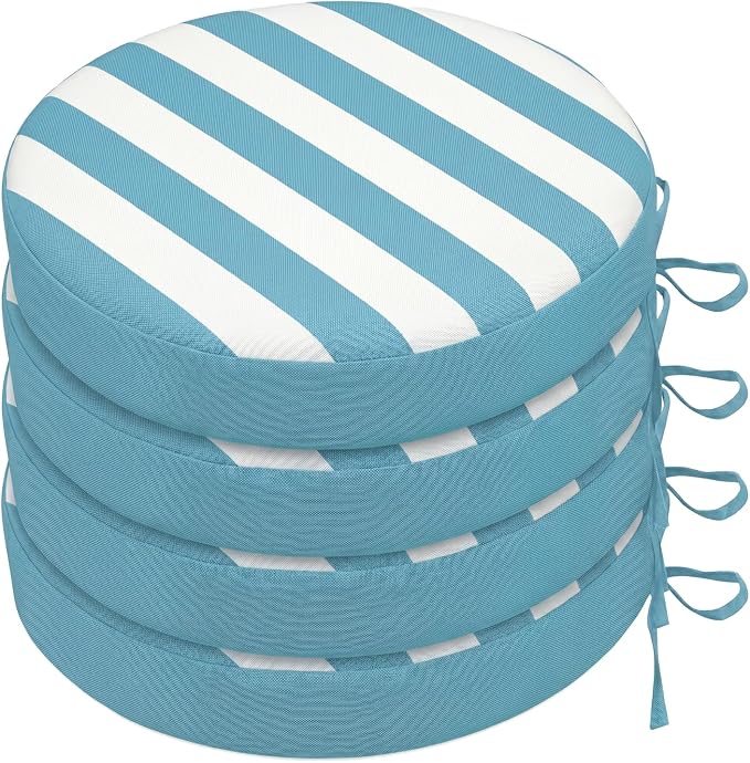 SK Studio Round Outdoor Chair Cushions for Patio Furniture, Set of 4 Waterproof Patio Chair Cushion with Adjustable Ties for Garden Sofa Couch, Black and White Stripe, 17"x17"x3"