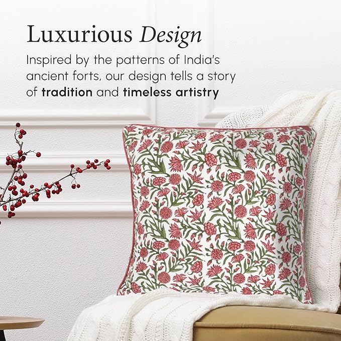 CPC 100% Cotton Throw Pillow Covers 20x20 Inch, Set of 2 Red Block Print Pattern Couch Pillow, Cute Boho Decorative Pillows for Living Room, Bedroom with Hidden Zipper- Red Garnet