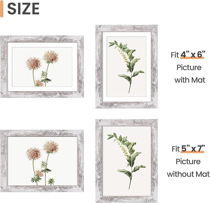 upsimples 5x7 Picture Frame, Display Pictures 4x6 with Mat or 5 x 7 Without, Wall Hanging Photo Frames, Rustic White, 1 Pack
