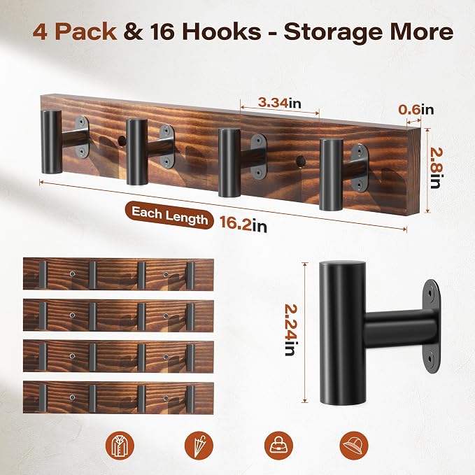 4 Pack Coat Rack Wall Mount, Rustic, Length Per Unit 16.2in | With 16 Black Metal Pre-Installed Hooks, Pine Solid Wood, Large Coat Hanger, For Entryway, Living Room, Bathroom