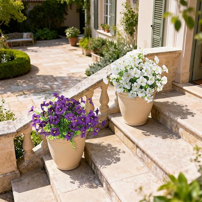 INQCMY Artificial Fake Petunias Flowers for Outdoors Spring Summer Decoration, 12 Bundles Faux Flower Plants UV Resistant Purple Realistic Silk Flower for Outside Planters Patio Porch Yard Window Box