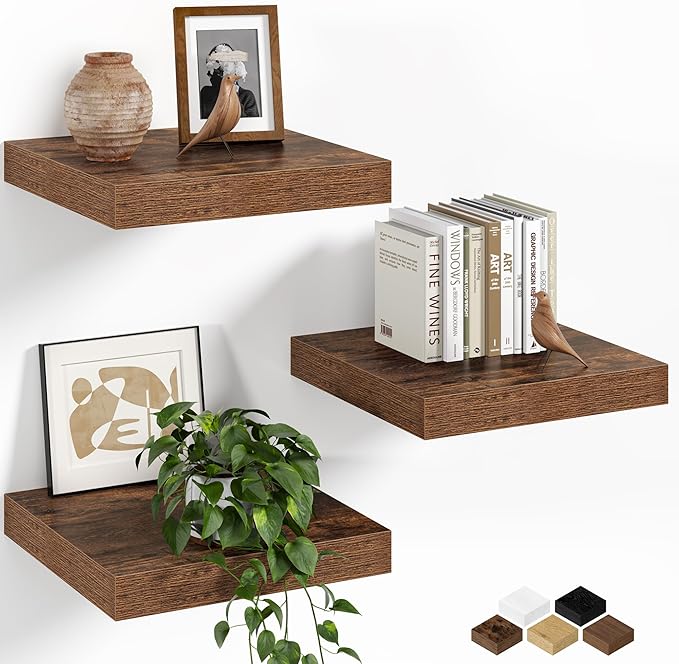 Fun Memories Floating Shelves for Wall, 12 Inch Set of 3 Rustic Wood Wall Shelves with Invisible Brackets, Heavy Duty Storage Display for Bathroom Bedroom Living Room Kitchen, Brown