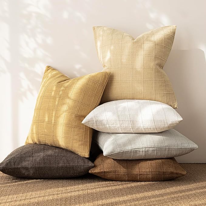Foindtower Set of 2 Decorative Linen Check Throw Pillow Covers Neutral Farmhouse Vintage Cushion Covers Modern Boho Accent Home Decor for Sofa Chair Couch Bedroom Living Room,20×20 Inch,Amber Gold