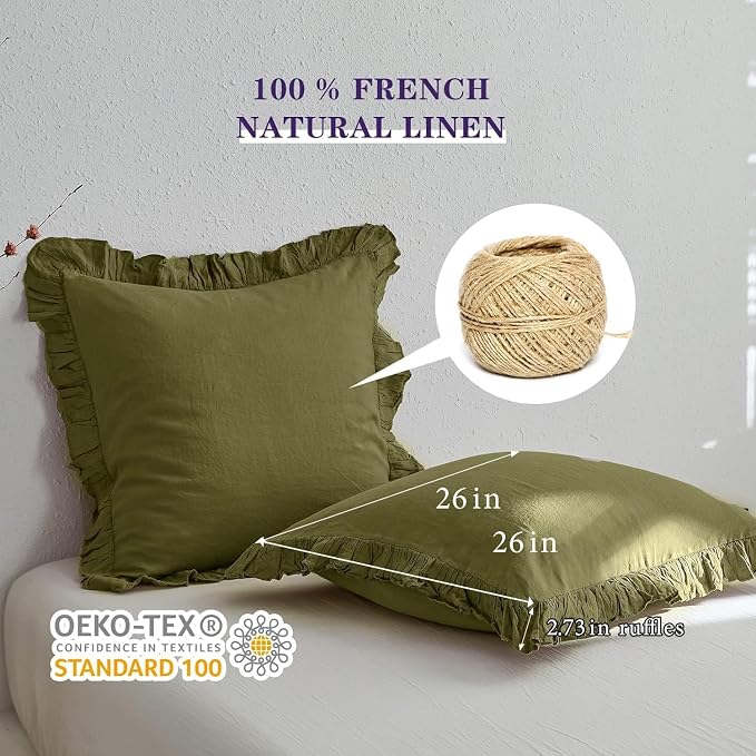 Simple&Opulence 100% Linen Euro Sham Covers with Ruffle, 26x26 Inch Pillow Covers Set of 2, Euro Pillow Shams for Bed Couch French Home Decor Luxury and Breathable Square Pillow Cases, Olive Green