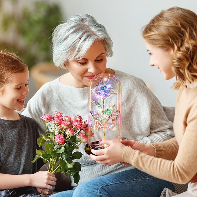 Mothers Day Flowers Gifts for Mom Women Birthday Gift, Galaxy Glass Rose Forever Eternal Crystal Rose in Glass Dome with Butterfly Mother's Day Roses Gifts for Mom Daughter Wife Women Grandma Colorful