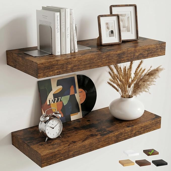 20 Inch Floating Shelves for Wall, 8"D Wood Storage Shelves, Brown Finish | Engineered Wood, Invisible Bracket, Large Storage, Easy Install, Hold Up to 33lbs, Living Room, Bathroom, Bedroom, Kitchen