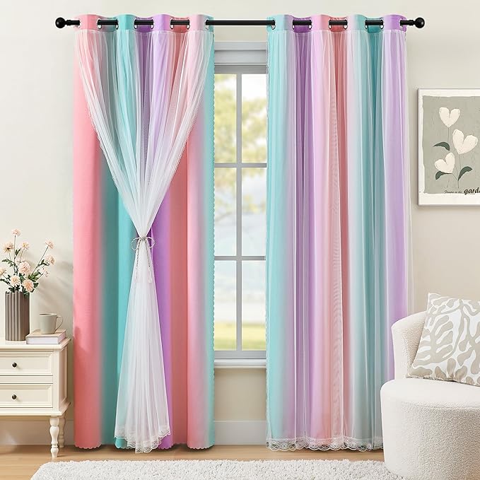 XiDi Kids Blackout Curtains with Sheer Overlay for Girl Bedroom 96 Inches Long Pink Purple Green Rainbow Princess Double Layer Curtain Thermal Insulated Room Darkening Grommet Drapes 2 Panels W34xL96