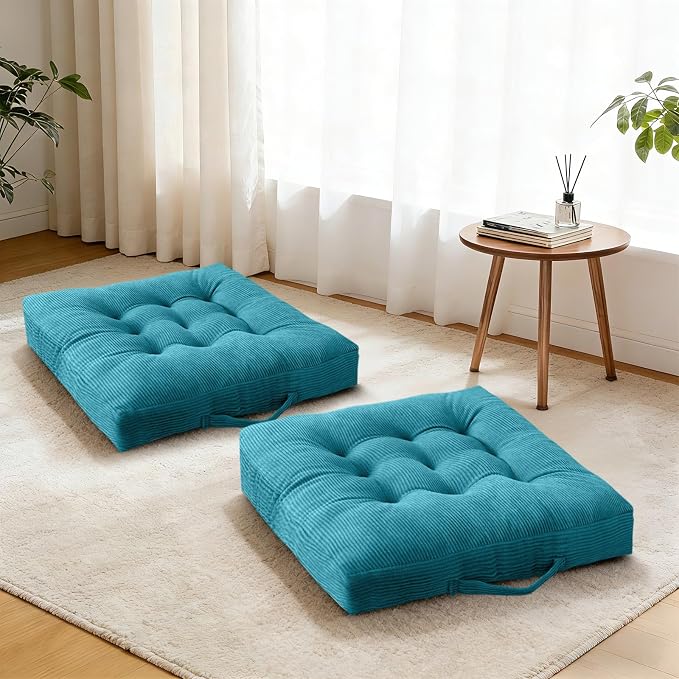 Floor Pillow 18x18 Inch Turquoise Corduroy Floor Sitting Cushions 2-Pack, Portable Handle Design, Non-Slip Chair Pads for Meditation Yoga Indoor Use