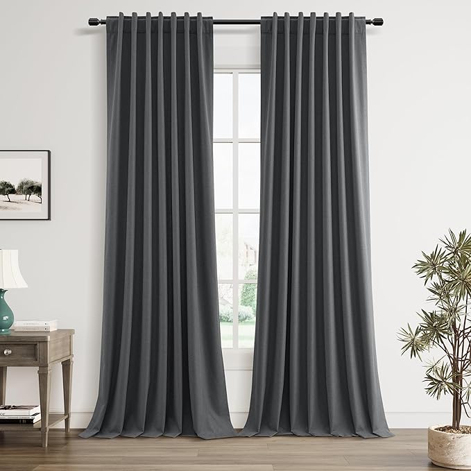 Guken 100% Blackout Curtains 90 Inch Length 2 Panels Set for Living Room Bedroom Back Tab Thermal Insulated Black Out Linen Drapes Room Darkening Blazer Grey,52x90