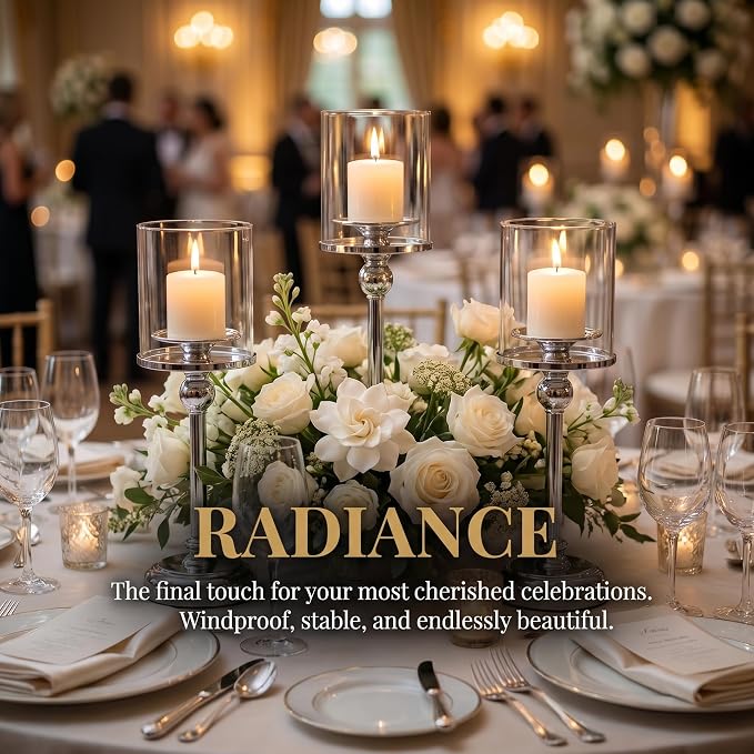 Sliver Hurricane Candle Holders - Set of 3 Tall Candlestick Holders Windproof Taper Candle Holders, Metal Stand for Table Centerpiece Outdoor Indoor Wedding Party Holiday Decor