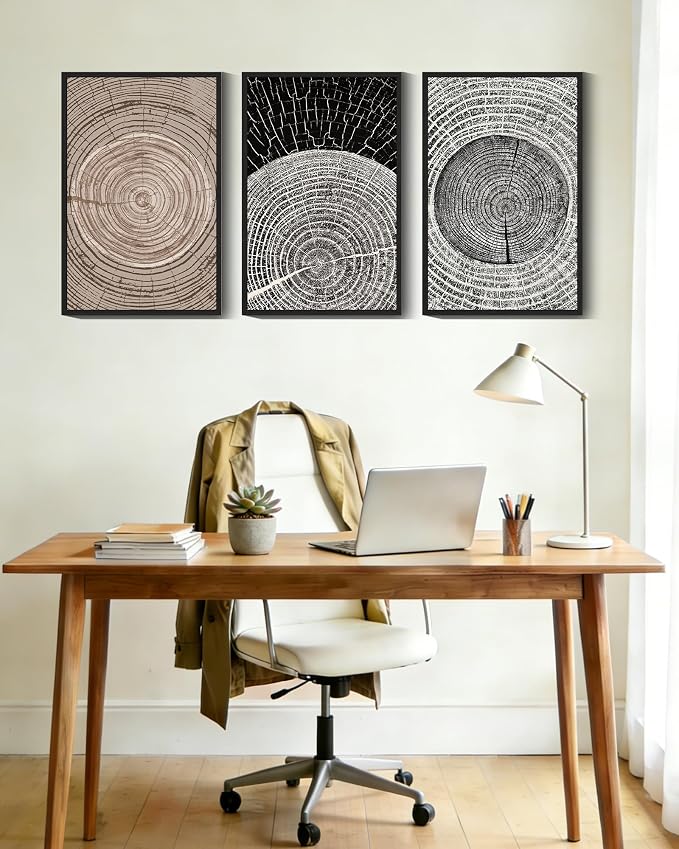 PHOPAGO Vintage Wood Tree Rings Wall Art Large 16x24in Farmhouse Rustic Framed Canvas Paintings Living Room Bedroom Decor Nature Artwork Black Framed