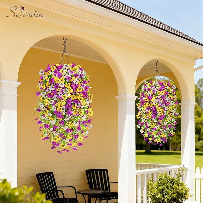 Serwalin Artificial Fake Hanging Flowers for Outdoors Planters,6PCS UV Resistant Faux Pansy Spring Flowers for Outside Porch Patio Garden Window Box (Yellow Lavender White)