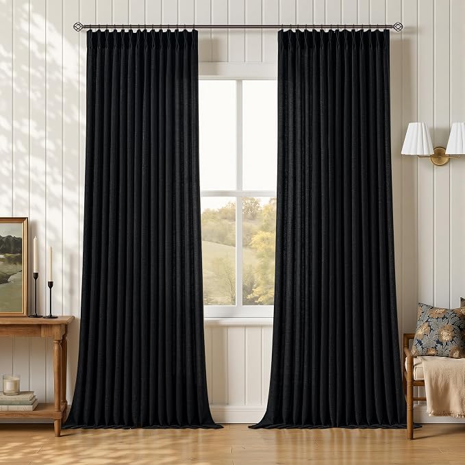 Black Pleated Linen Curtains 90 Inches Long 2 Panels Vintage Memory Trained Light Filtering Flax Linen Drapes for Track System Living Room Boy Bedroom Semi Sheer Pinch Pleat Window Curtains 40x90